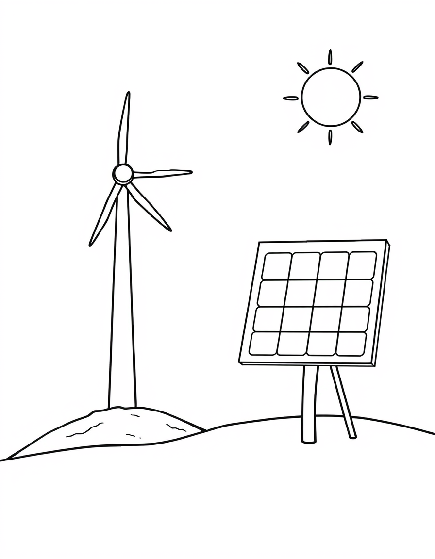 Coloring page of a wind turbine and a solar panel standing together on a grassy hill