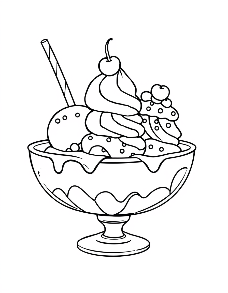 Black and white coloring page of a banana split with three scoops and toppings