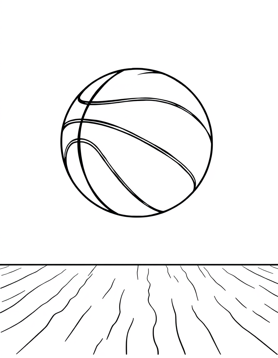 Basketball Bouncing on the Court black and white line art