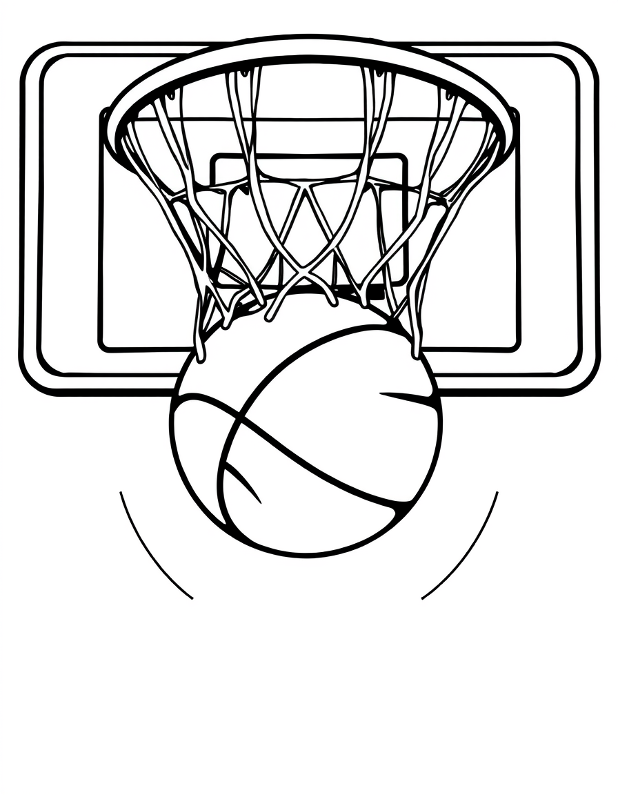 Basketball Going Through the Hoop black and white line art