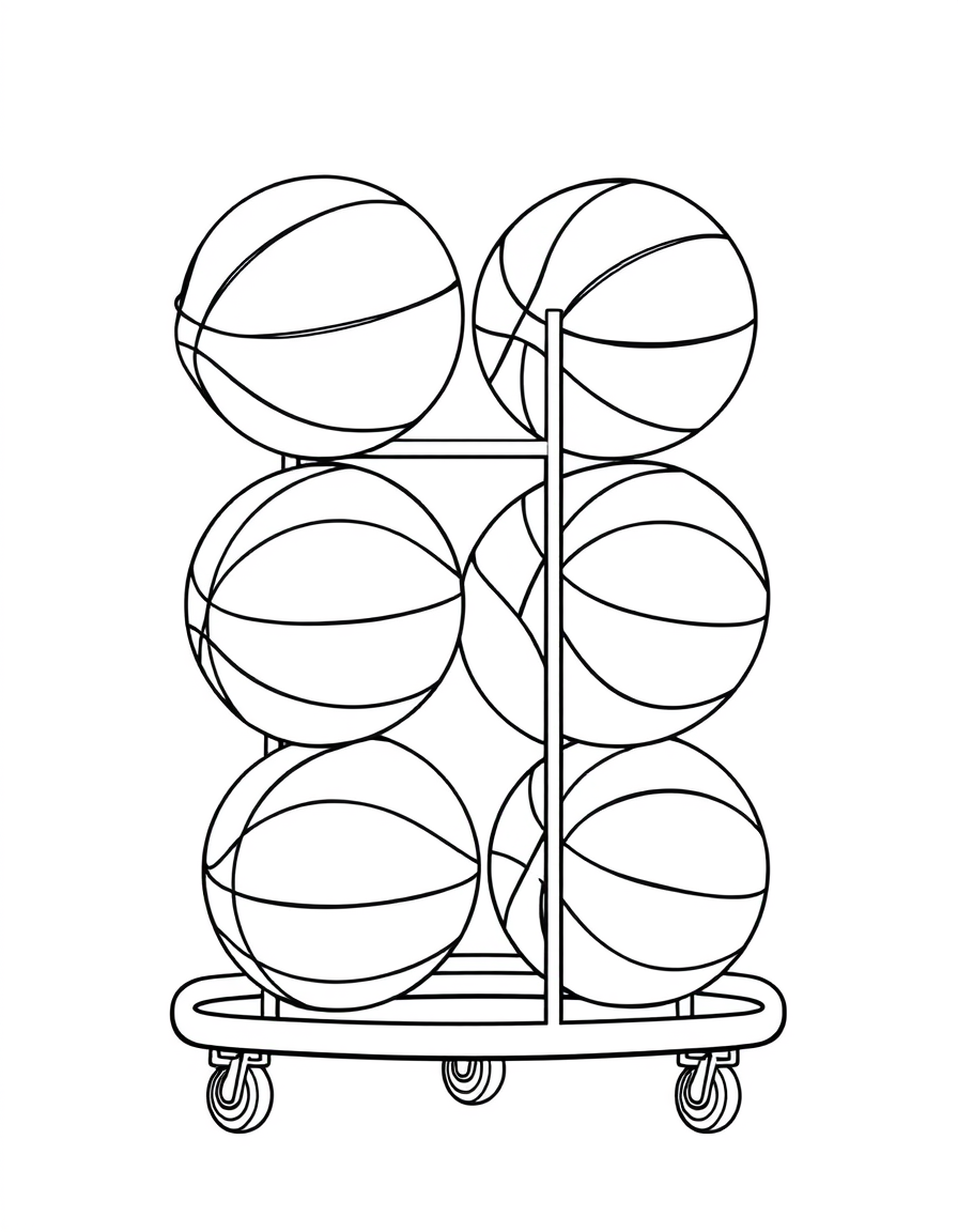 Basketballs on a Ball Rack black and white line art