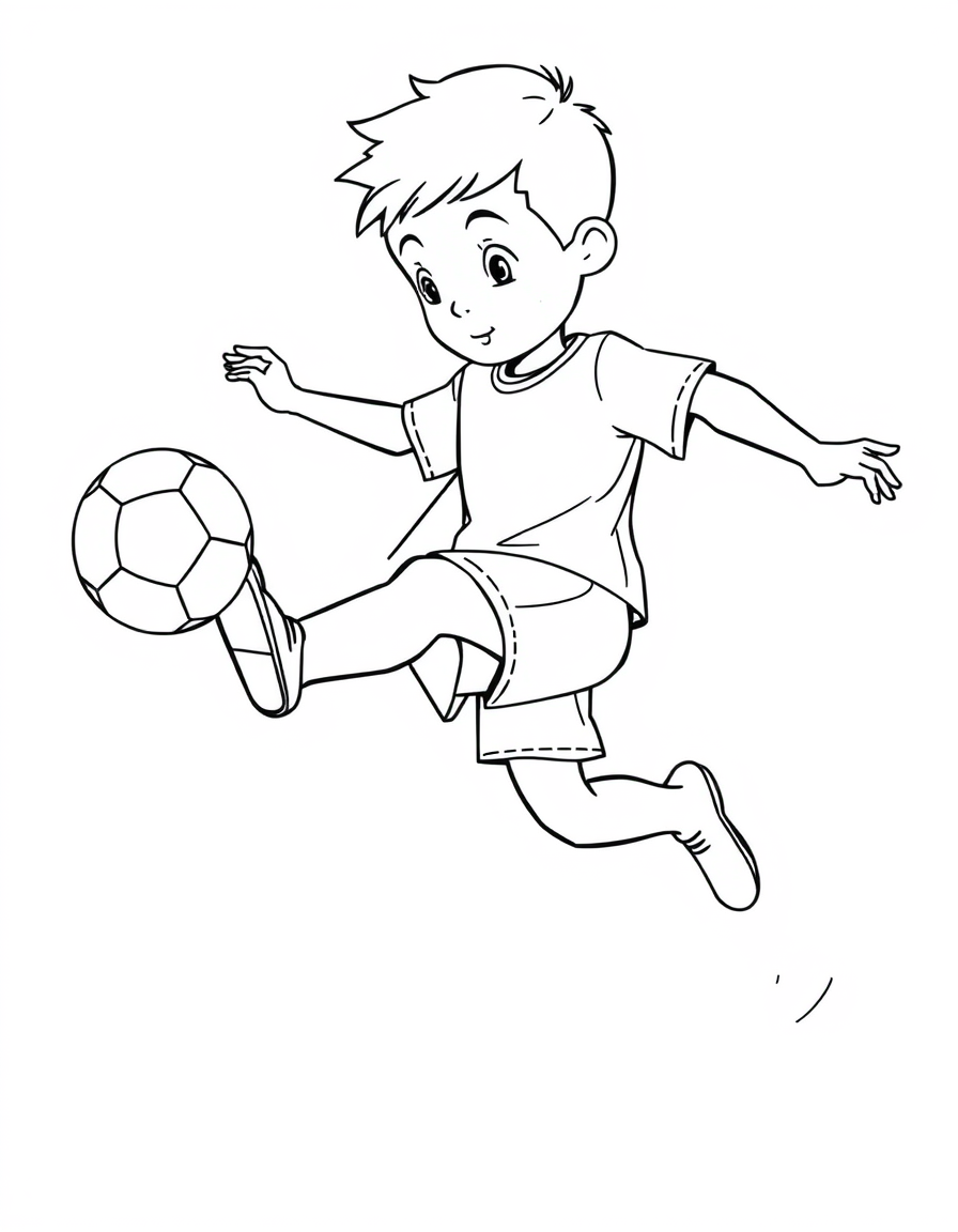 Boy Kicking a Soccer Ball black and white line art