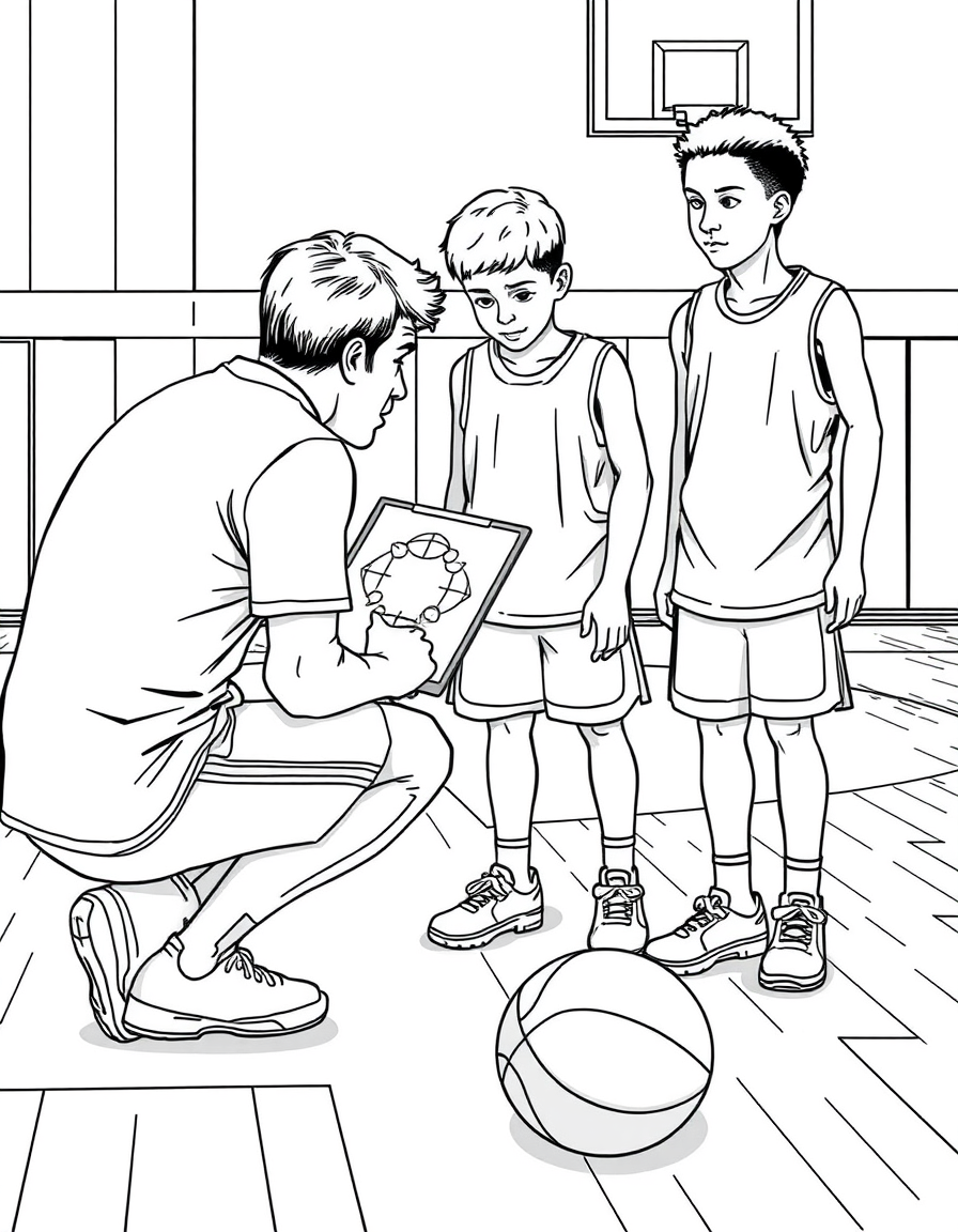 Coach Drawing Up a Play black and white line art