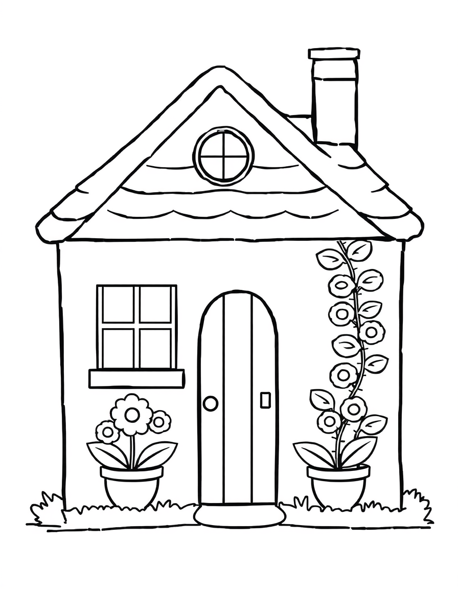 Coloring page of a small cottage with a round topped door, two windows with flower boxes underneath and a climbing vine beside the door