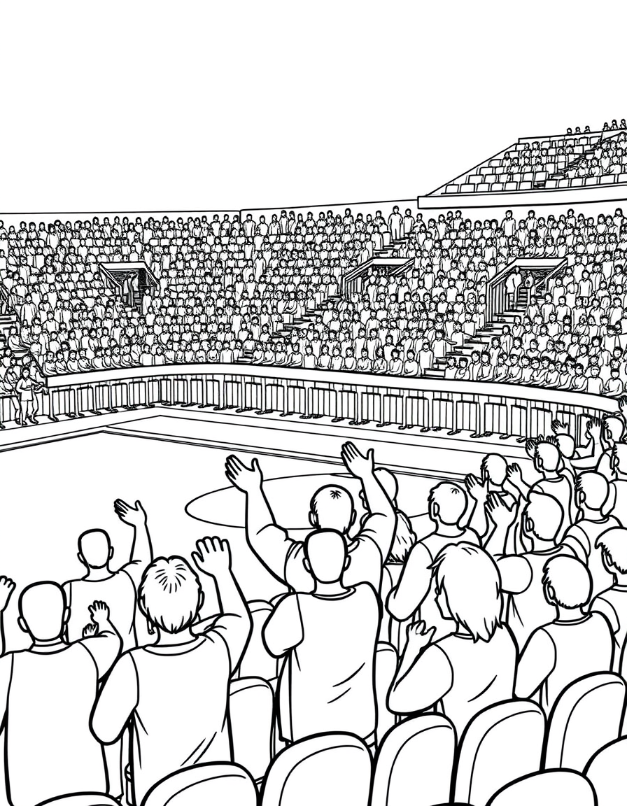 Crowd Cheering in the Stands black and white line art