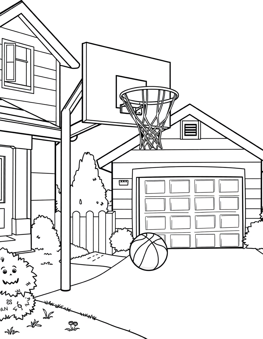 Driveway Basketball Hoop black and white line art