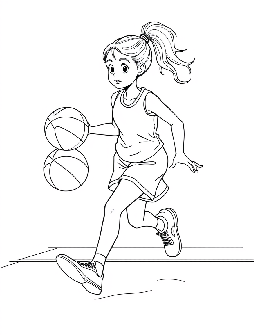 Girl Dribbling Down the Court black and white line art