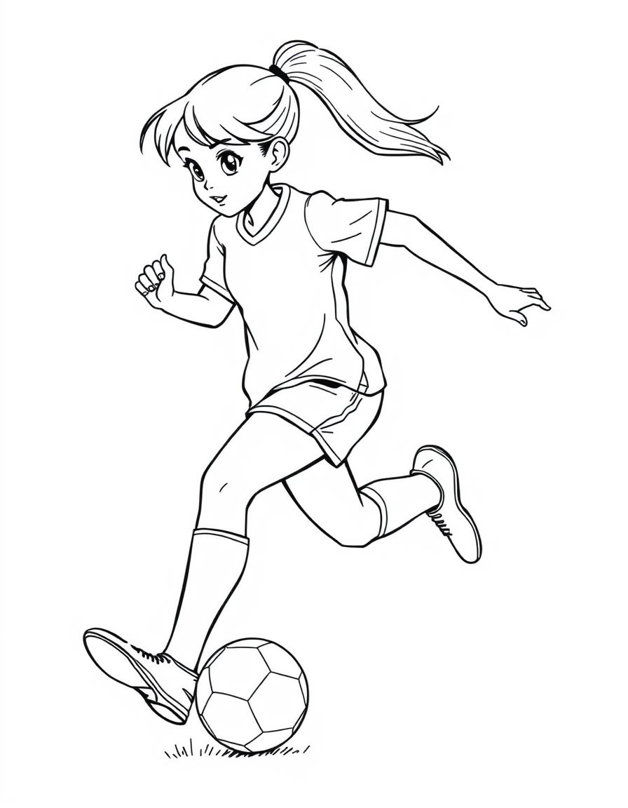 Girl Dribbling a Soccer Ball black and white line art