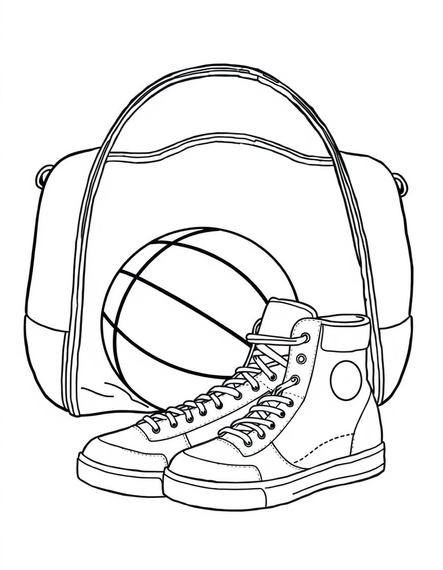 Gym Bag With Ball and Shoes black and white line art