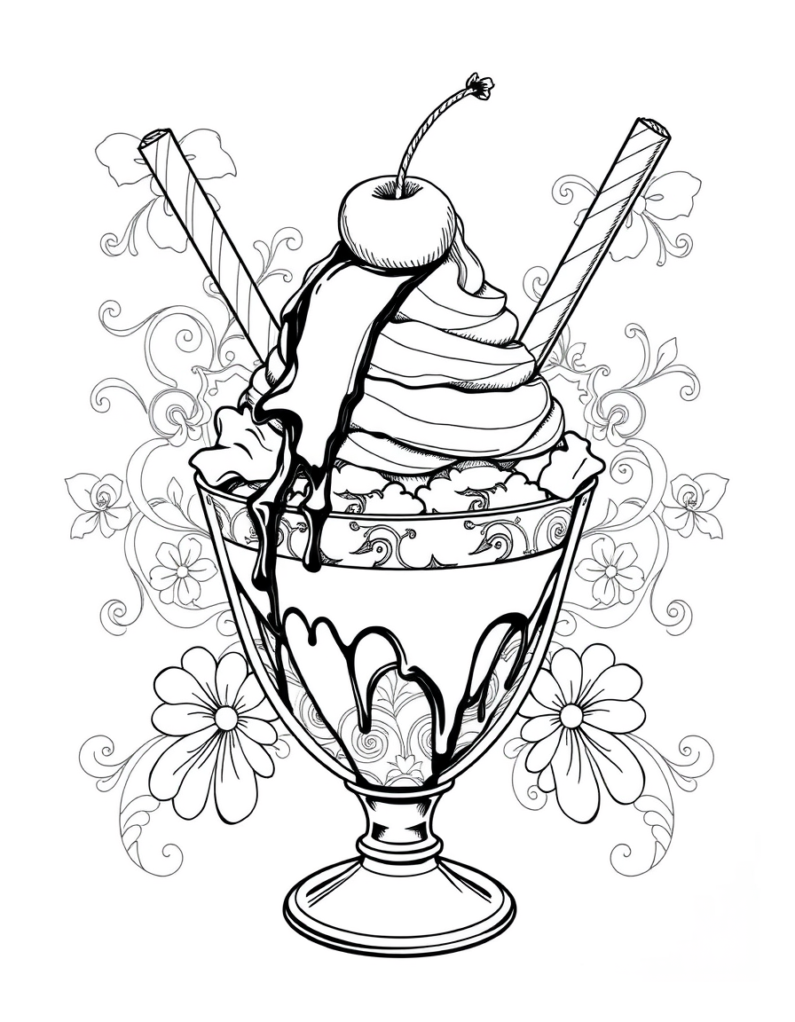 Black and white coloring page of an ice cream sundae with hot fudge and a cherry on top