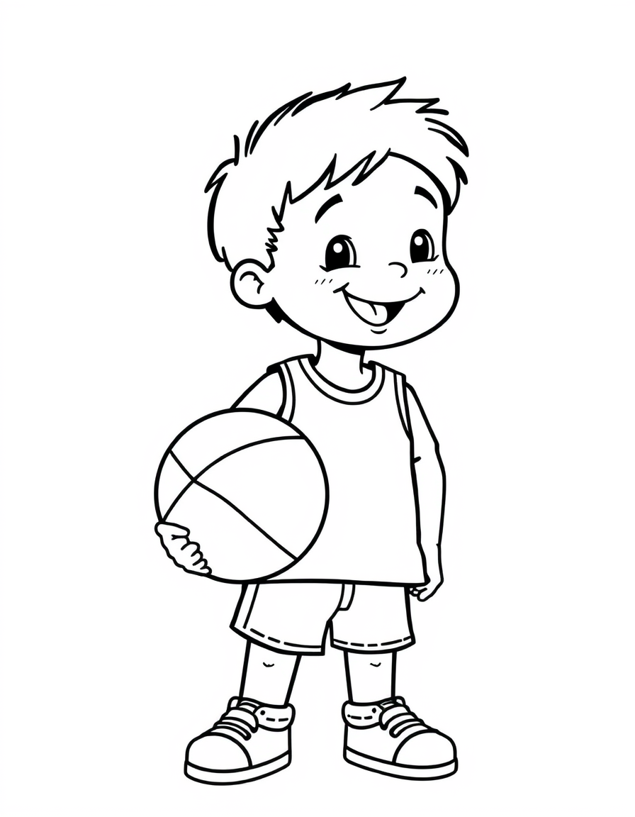 Kid Holding a Basketball black and white line art