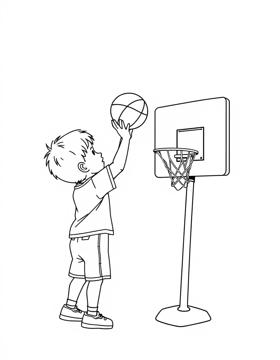 Kid Shooting at a Mini Hoop black and white line art