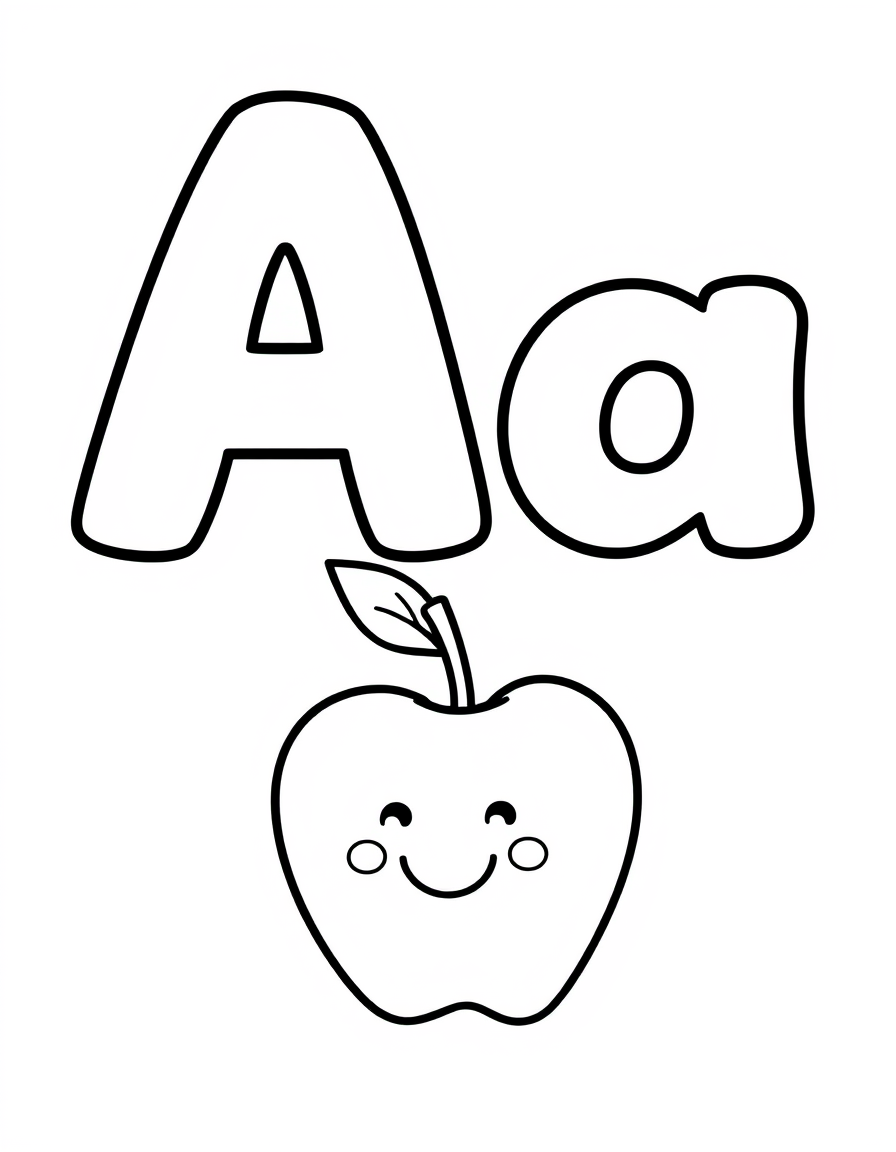 Coloring page with a hollow capital letter A and lowercase letter a above a apple to colour in