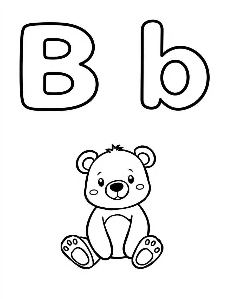 Coloring page with a hollow capital letter B and lowercase letter b above a bear to colour in