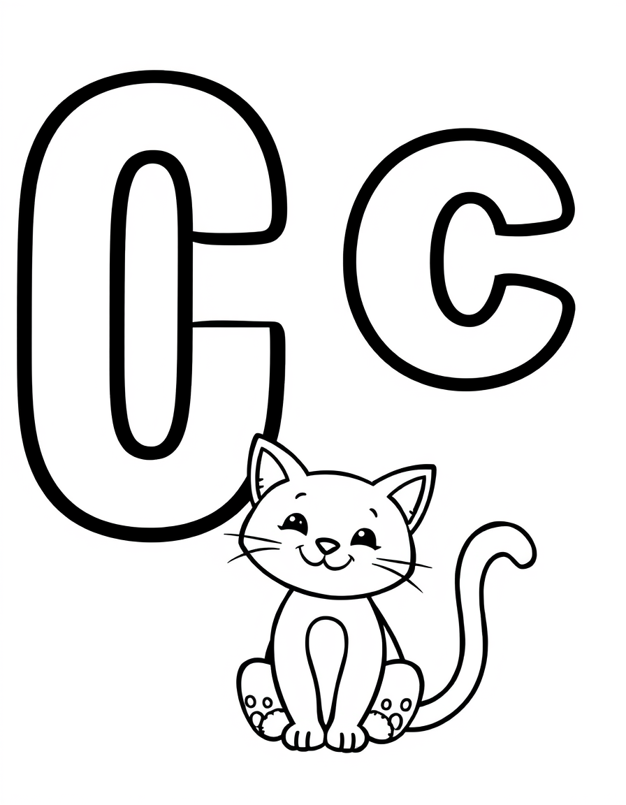 Coloring page with a hollow capital letter C and lowercase letter c above a cat to colour in