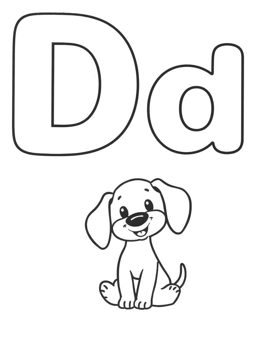 Coloring page with a hollow capital letter D and lowercase letter d above a dog to colour in