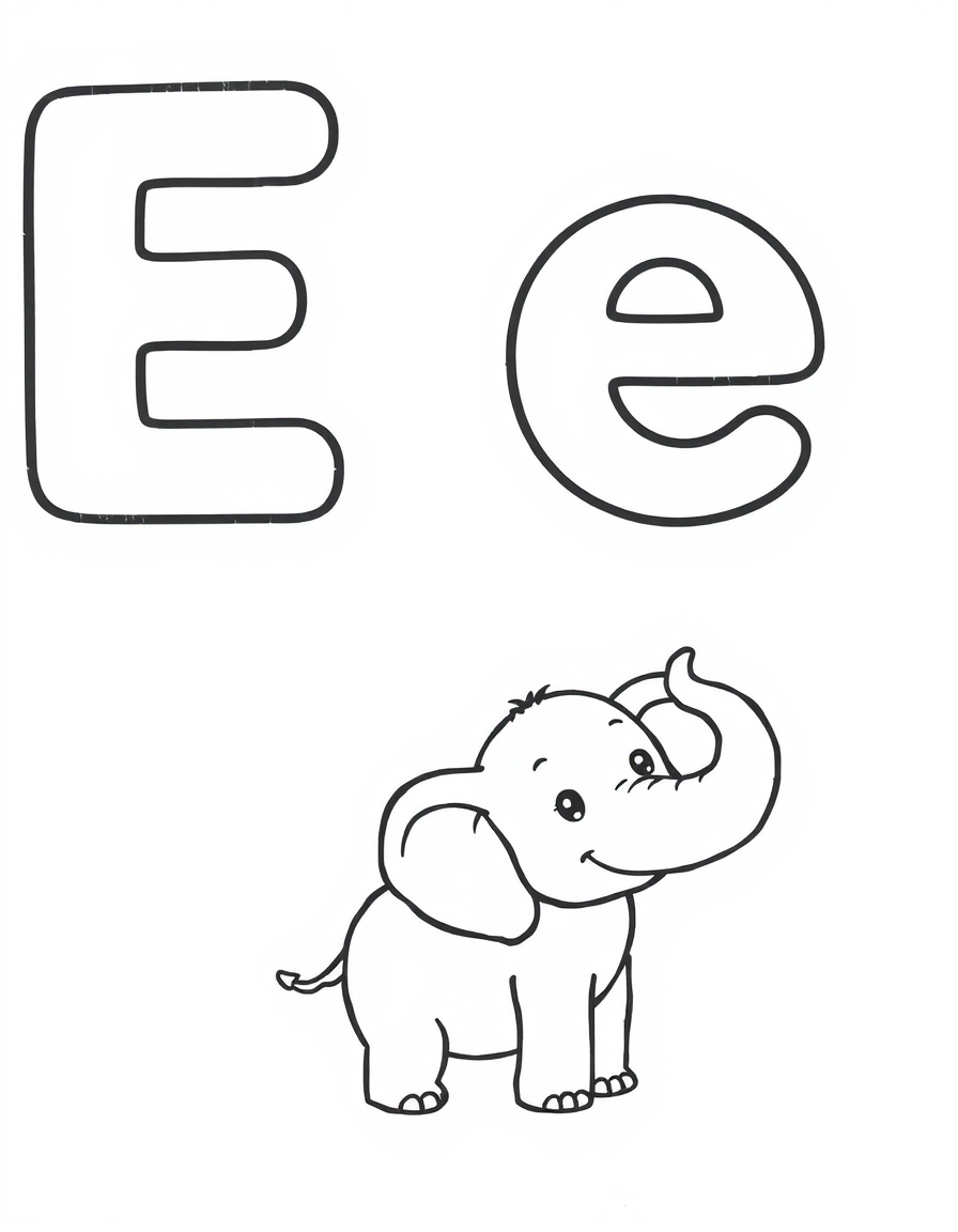 Coloring page with a hollow capital letter E and lowercase letter e above a elephant to colour in