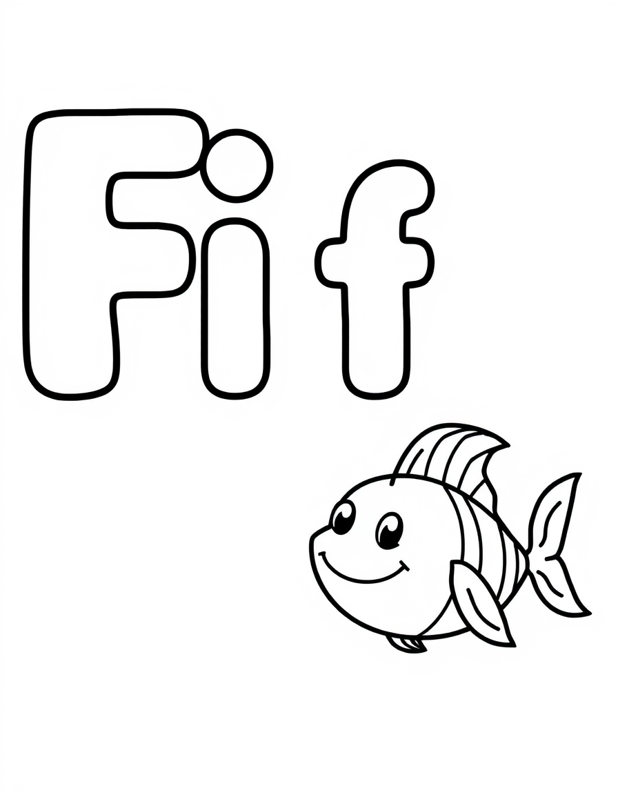Coloring page with a hollow capital letter F and lowercase letter f above a fish to colour in
