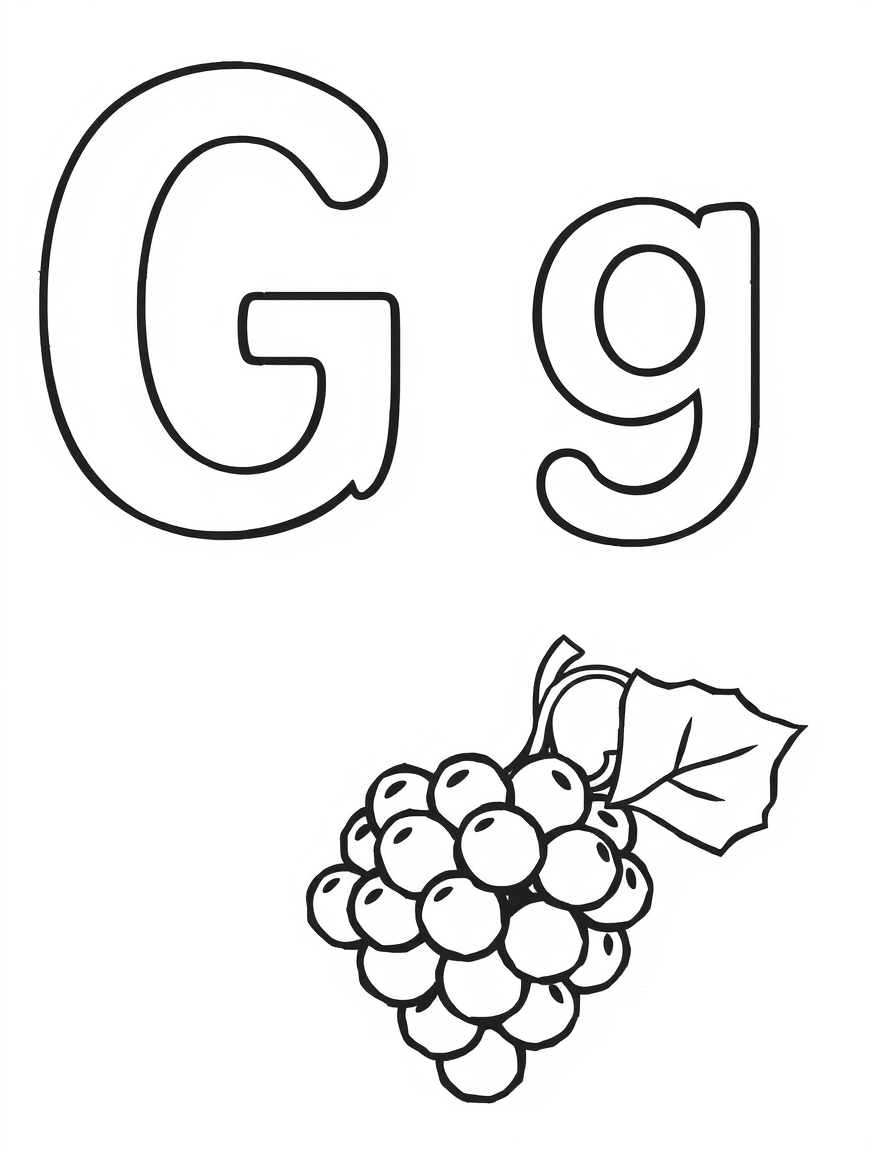 Coloring page with a hollow capital letter G and lowercase letter g above a grapes to colour in