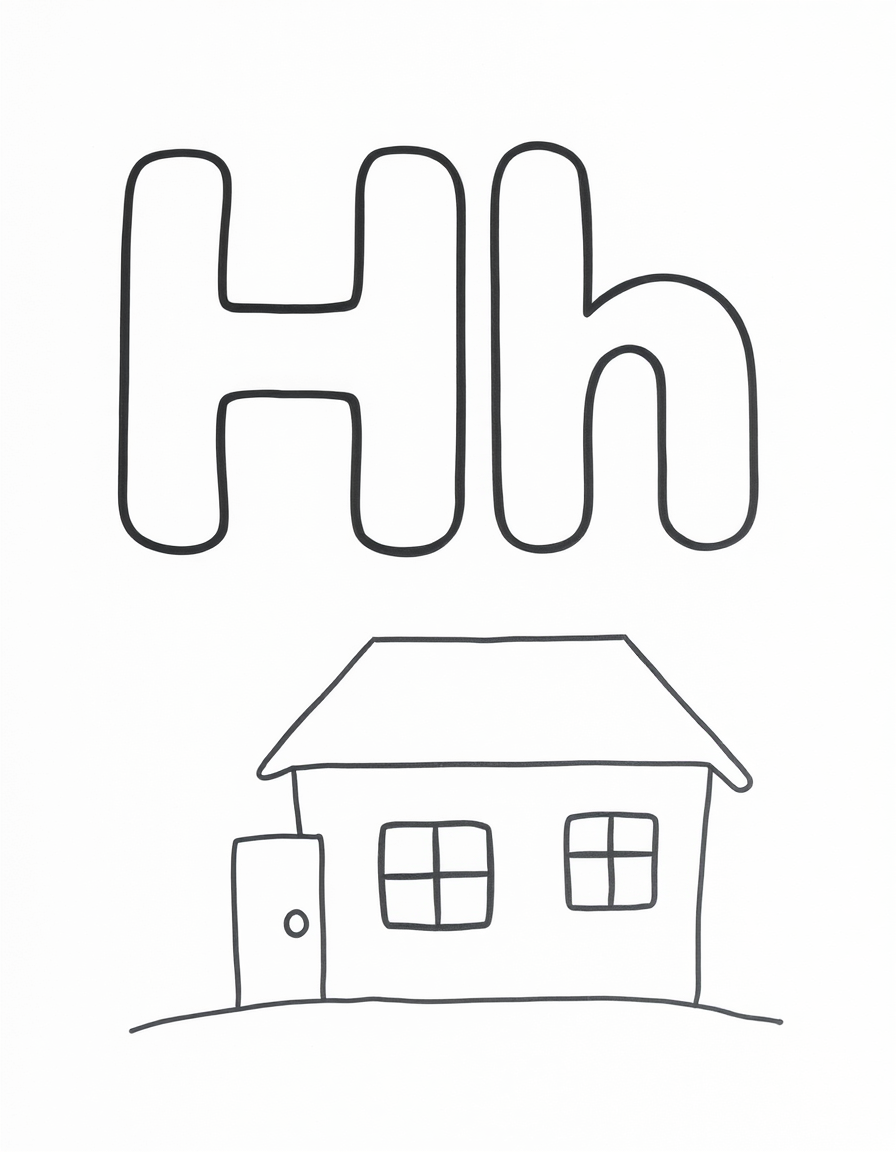 Coloring page with a hollow capital letter H and lowercase letter h above a house to colour in