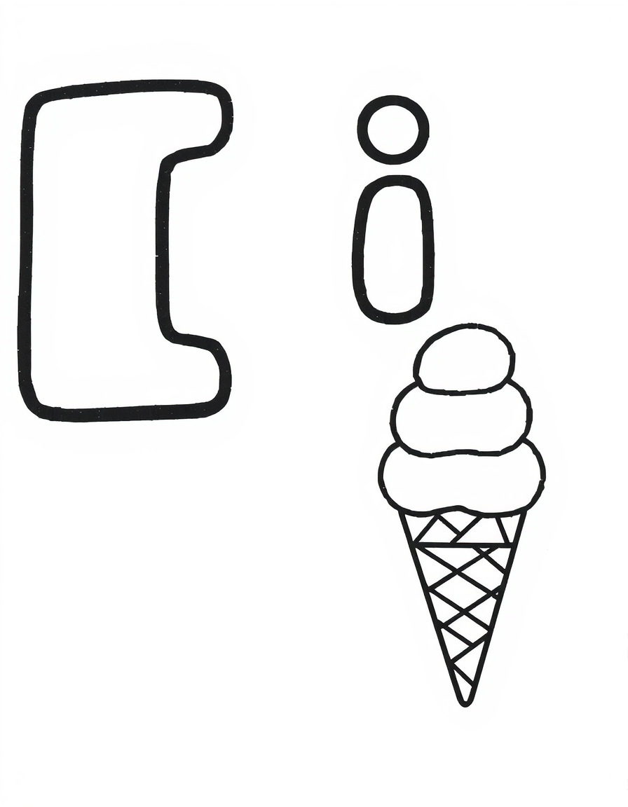 Coloring page with a hollow capital letter I and lowercase letter i above a ice cream to colour in