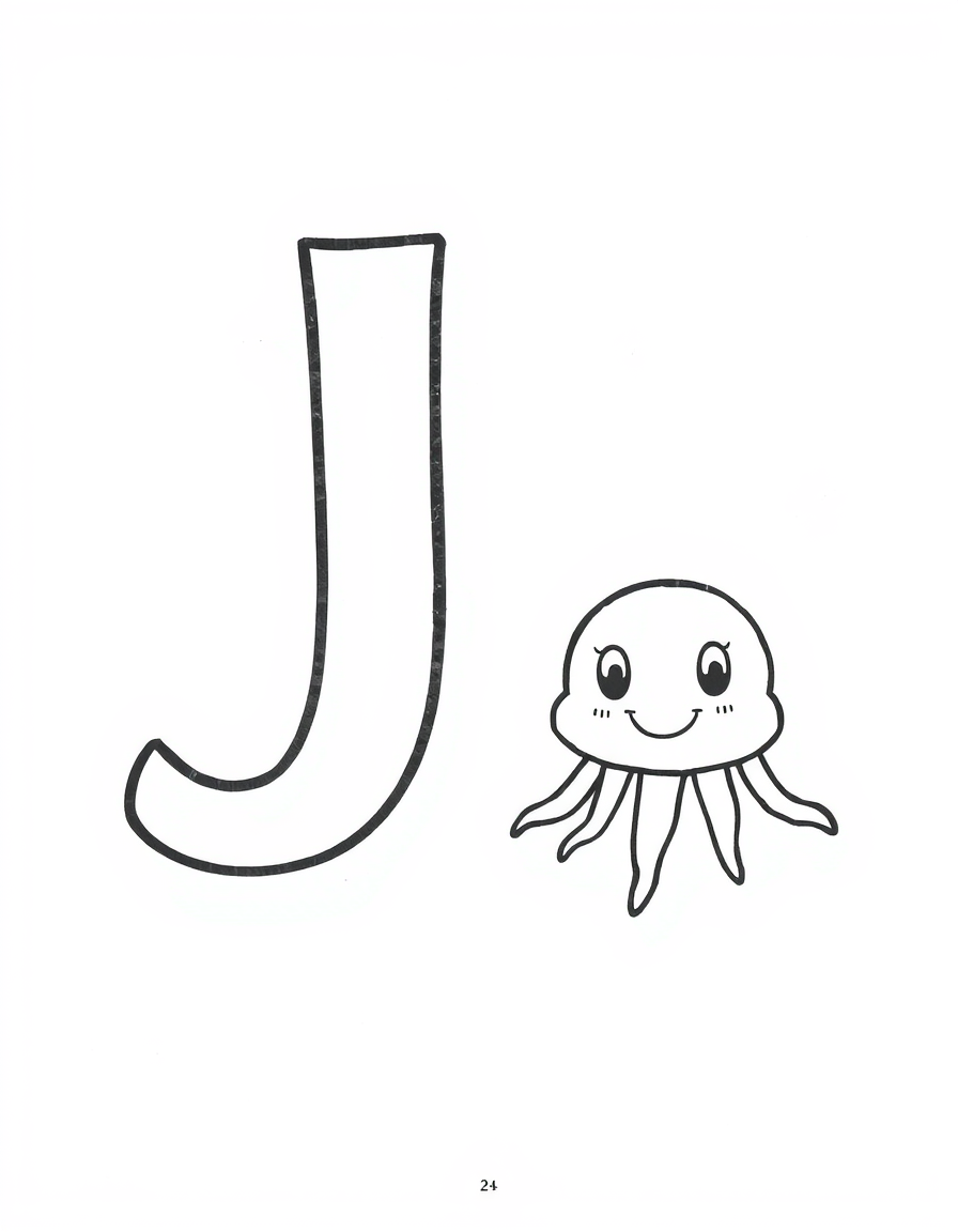 Coloring page with a hollow capital letter J and lowercase letter j above a jellyfish to colour in