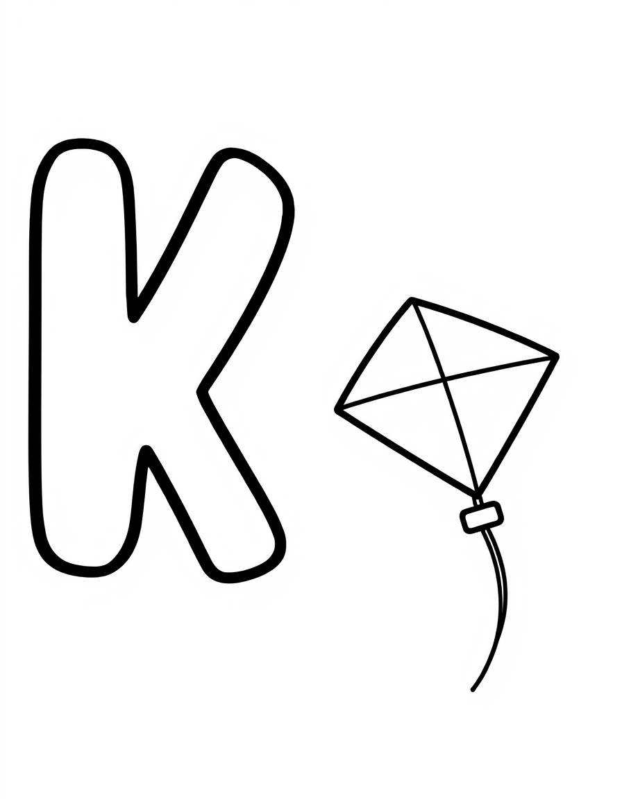 Coloring page with a hollow capital letter K and lowercase letter k above a kite to colour in