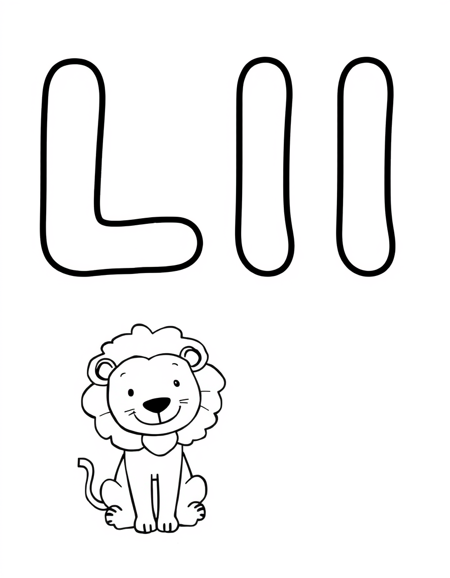Coloring page with a hollow capital letter L and lowercase letter l above a lion to colour in