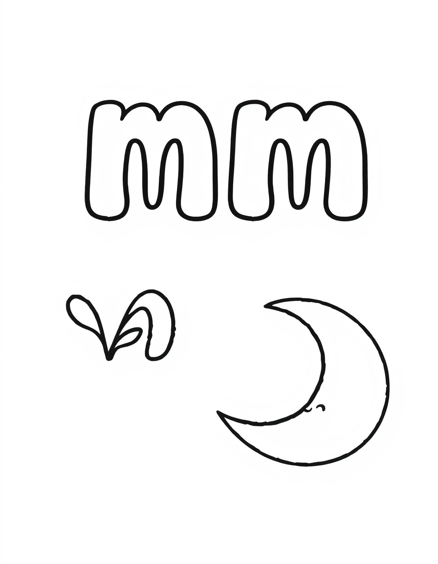 Coloring page with a hollow capital letter M and lowercase letter m above a moon to colour in