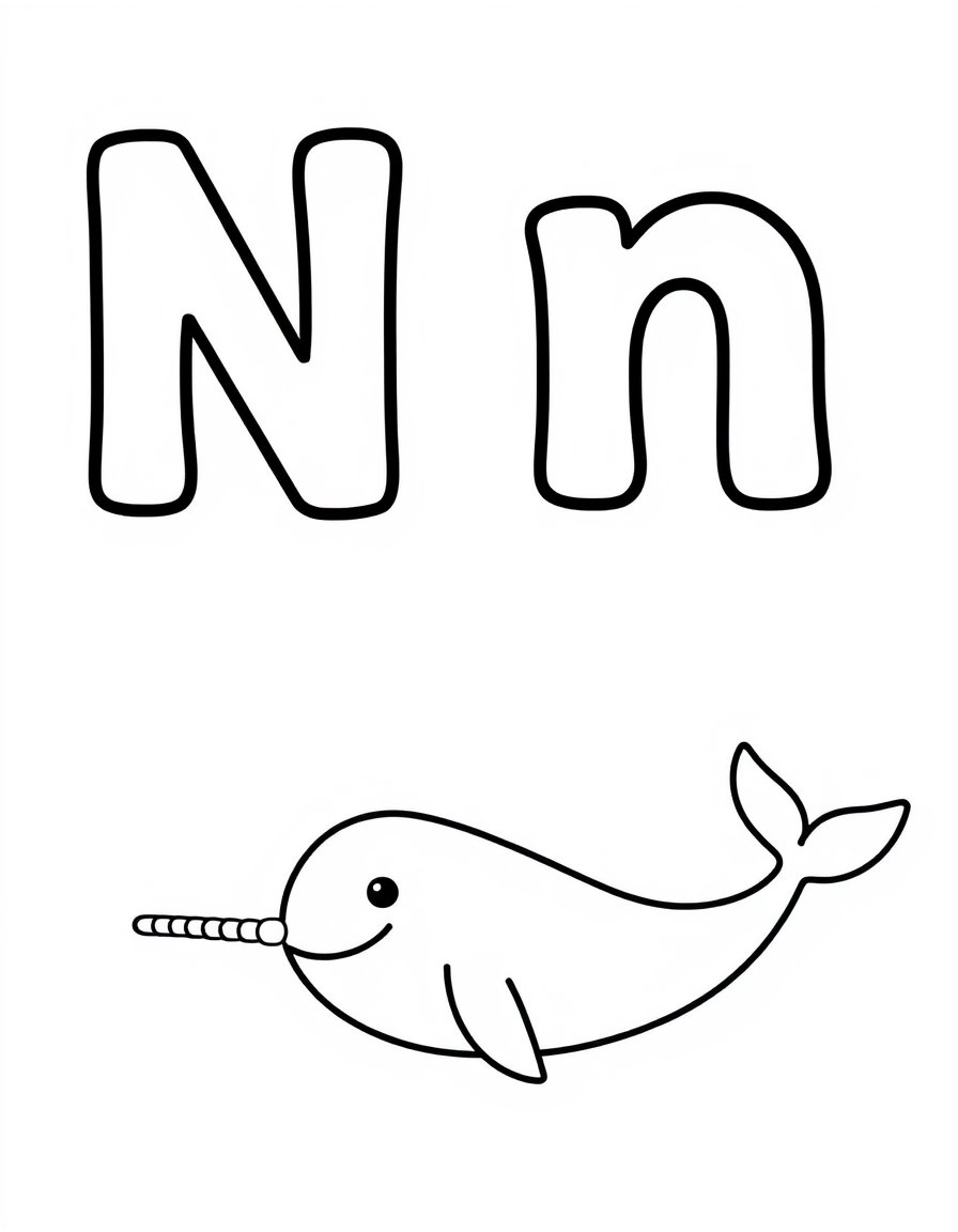 Coloring page with a hollow capital letter N and lowercase letter n above a narwhal to colour in