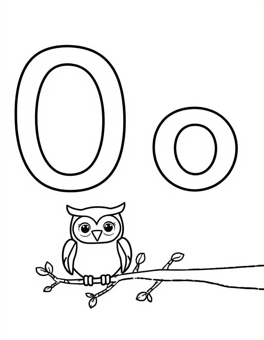 Coloring page with a hollow capital letter O and lowercase letter o above a owl to colour in