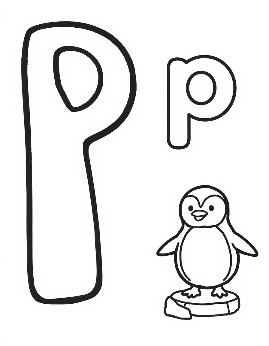 Coloring page with a hollow capital letter P and lowercase letter p above a penguin to colour in
