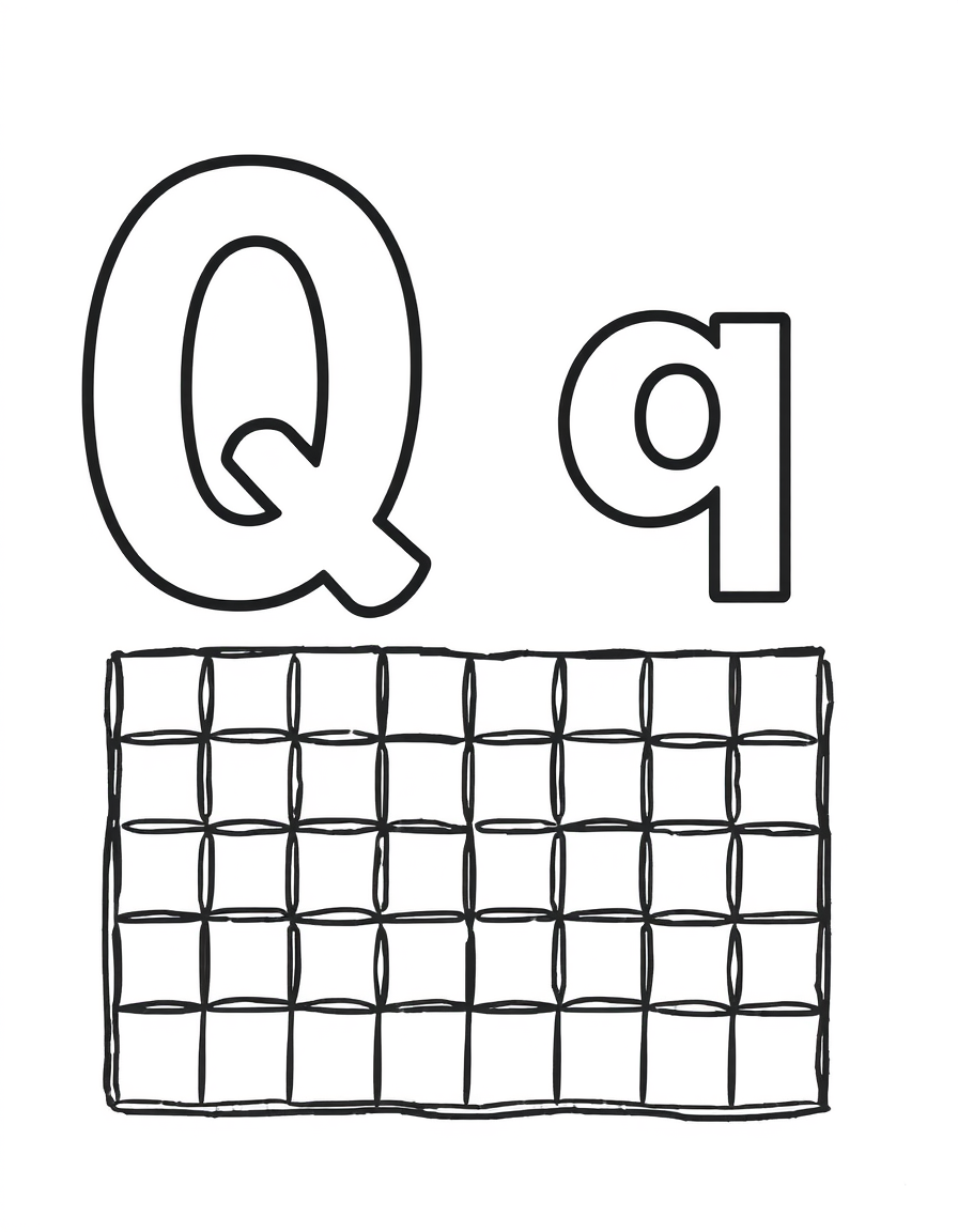 Coloring page with a hollow capital letter Q and lowercase letter q above a quilt to colour in