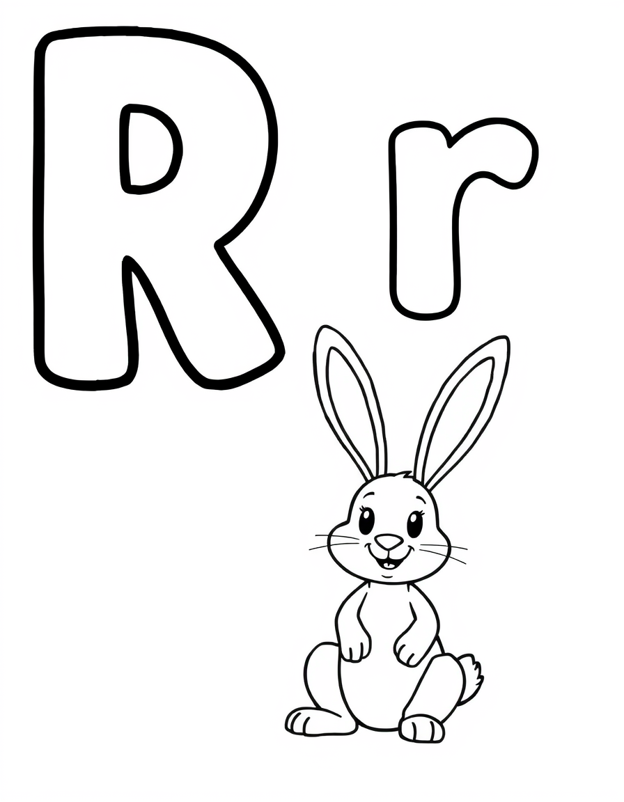 Coloring page with a hollow capital letter R and lowercase letter r above a rabbit to colour in
