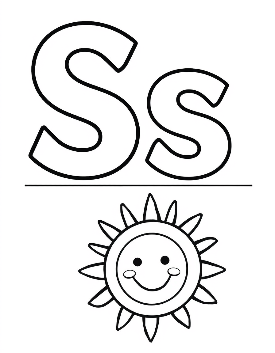 Coloring page with a hollow capital letter S and lowercase letter s above a sun to colour in