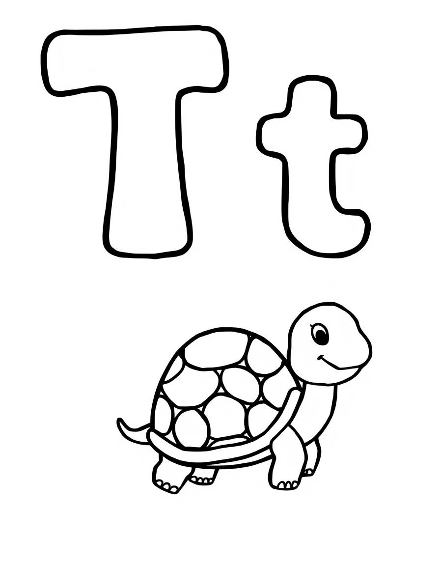 Coloring page with a hollow capital letter T and lowercase letter t above a turtle to colour in