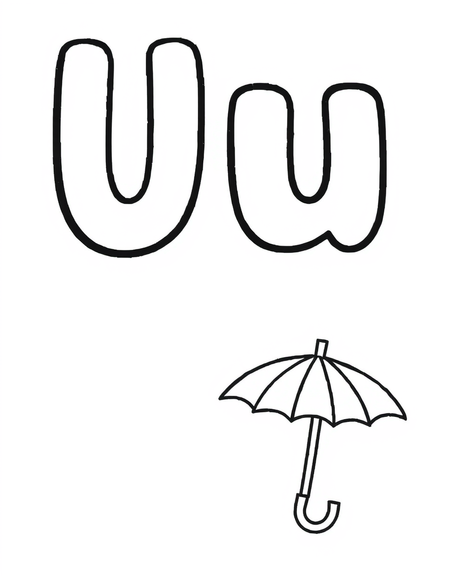 Coloring page with a hollow capital letter U and lowercase letter u above a umbrella to colour in