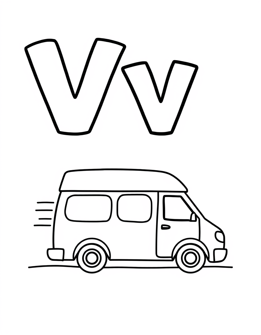 Coloring page with a hollow capital letter V and lowercase letter v above a van to colour in