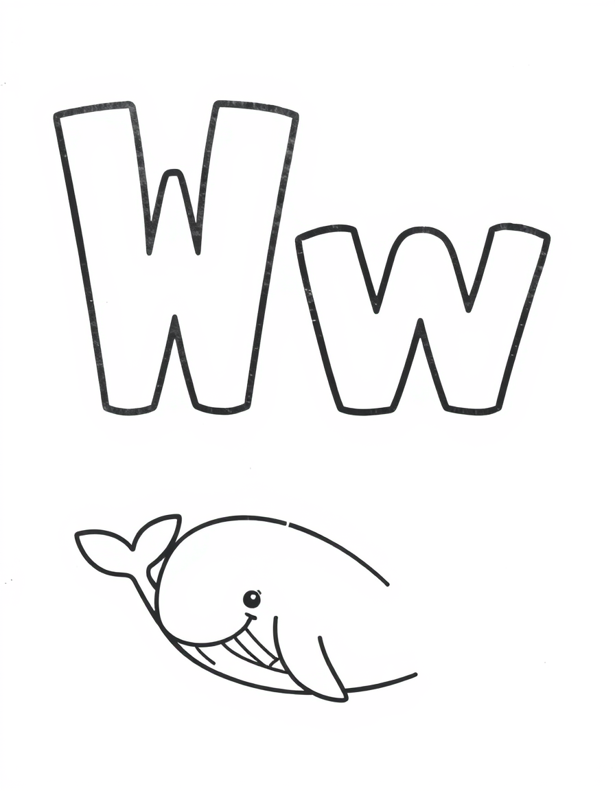Coloring page with a hollow capital letter W and lowercase letter w above a whale to colour in