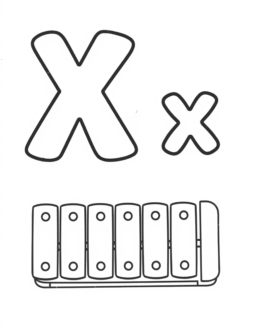 Coloring page with a hollow capital letter X and lowercase letter x above a xylophone to colour in