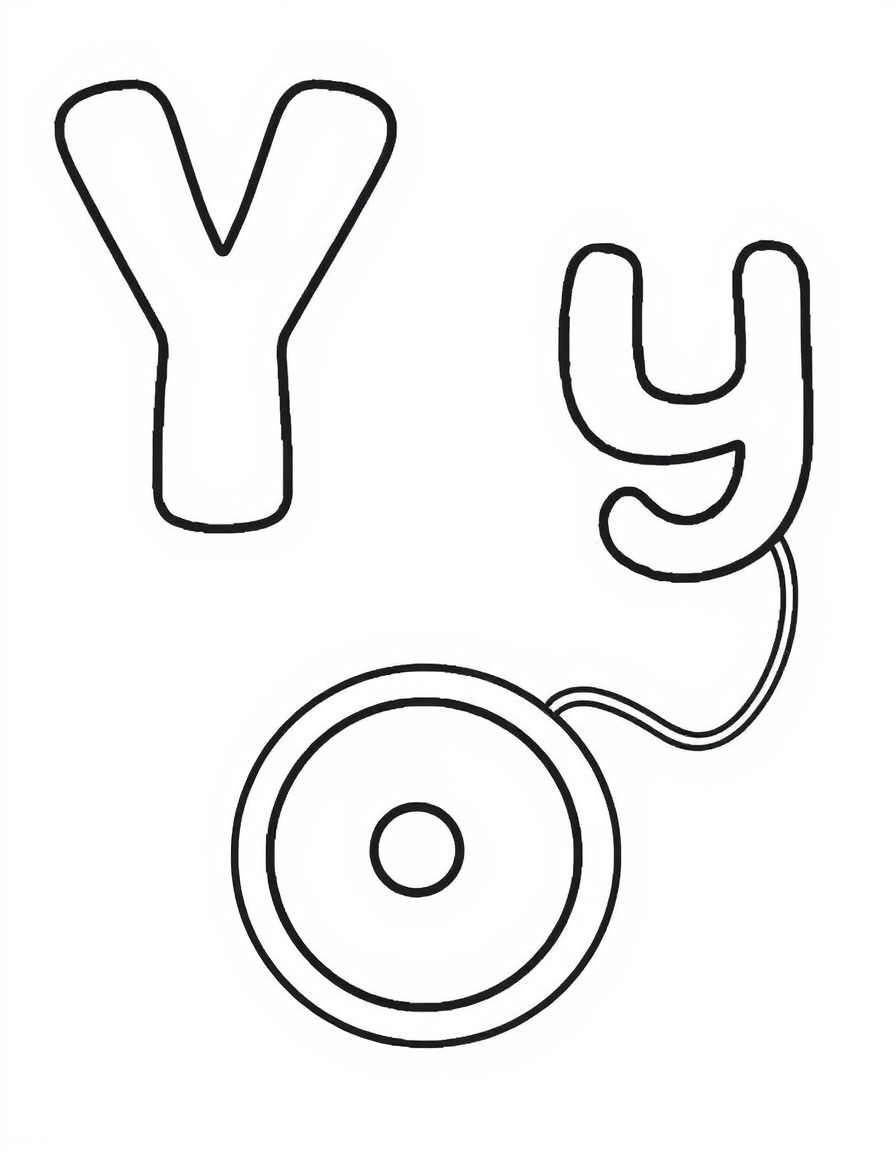 Coloring page with a hollow capital letter Y and lowercase letter y above a yo-yo to colour in