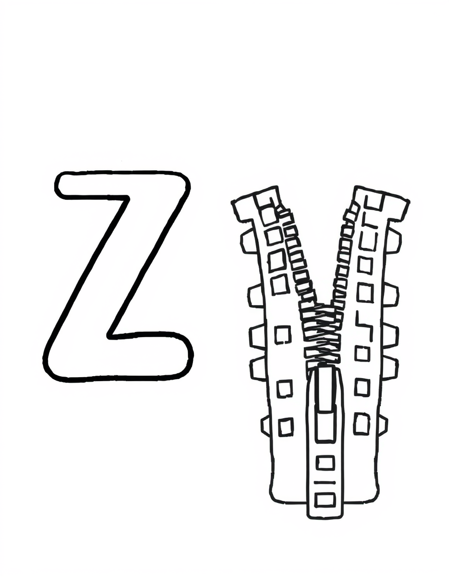 Coloring page with a hollow capital letter Z and lowercase letter z above a zipper to colour in