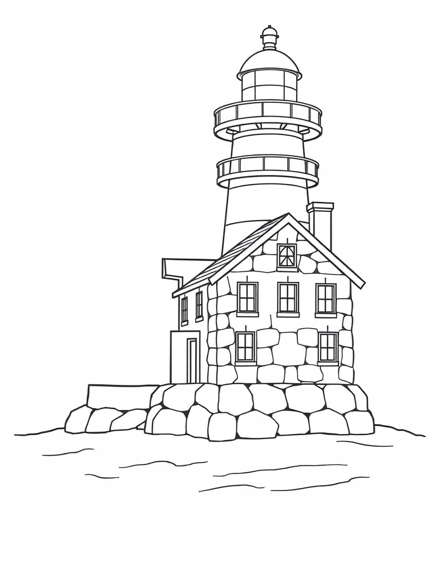 Coloring page of a small stone cottage joined by a short walkway to a tall round lighthouse tower topped with a railed lantern room