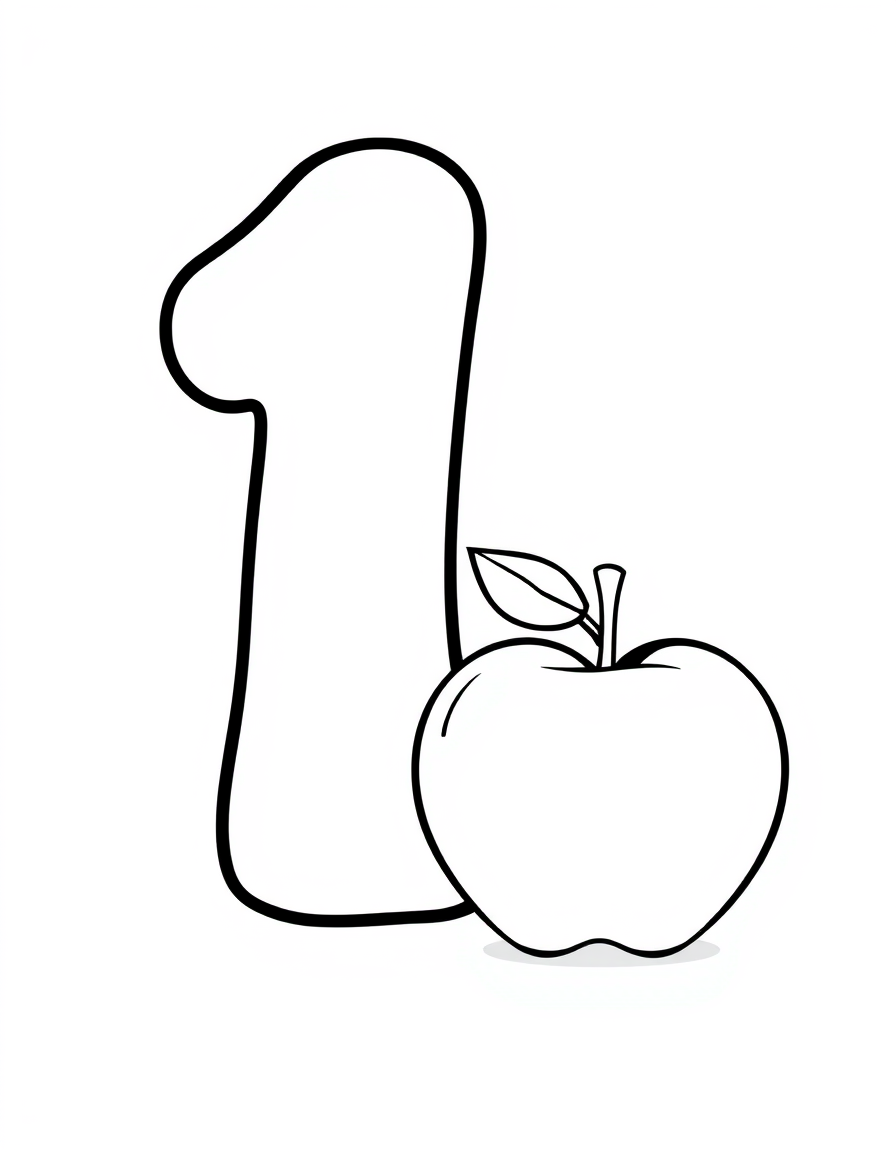 Number 1 With One Apple black and white line art