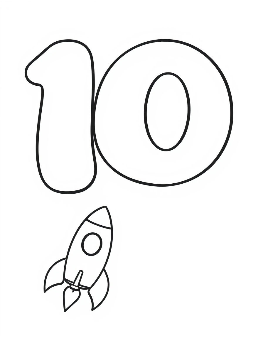 Number 10 With a Rocket black and white line art