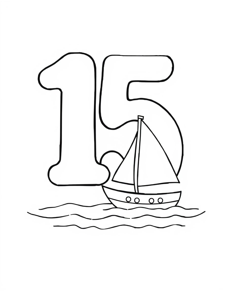 Number 15 With a Sailboat black and white line art
