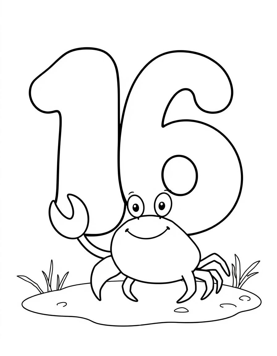 Number 16 With a Crab black and white line art