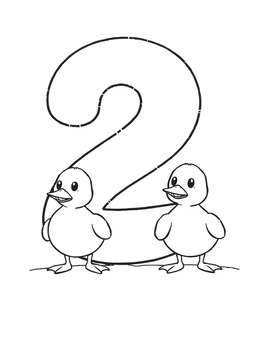 Number 2 With Two Ducklings black and white line art