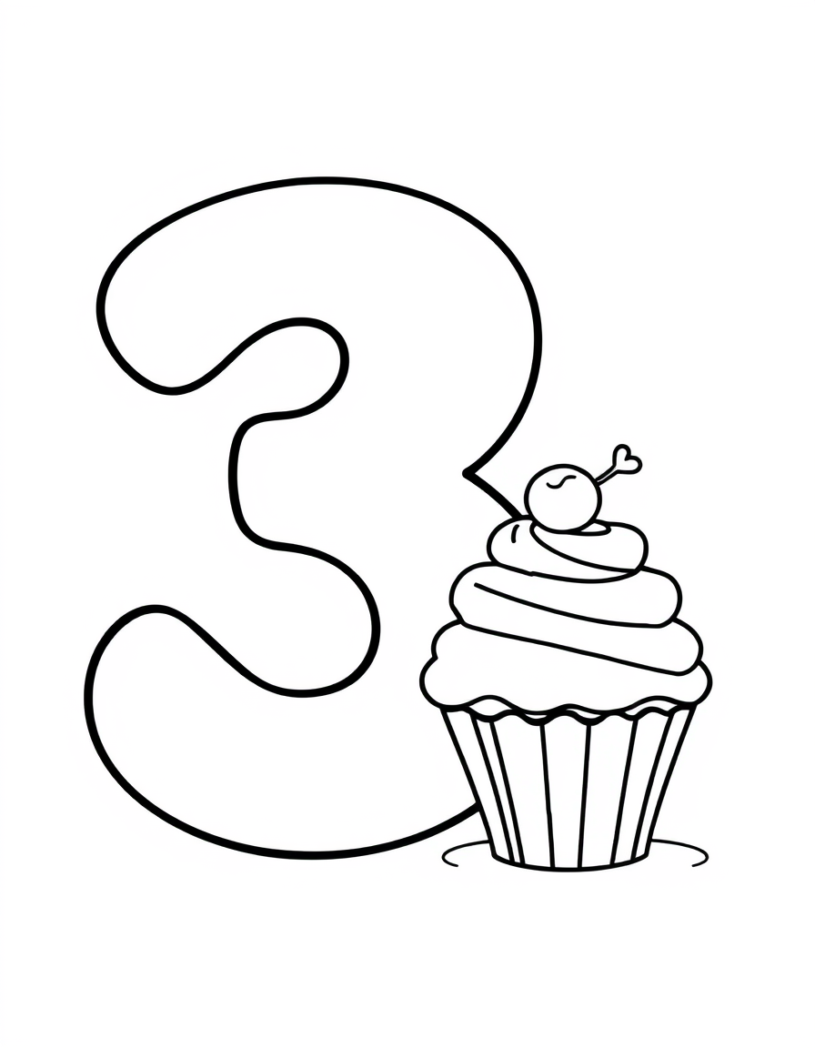 Number 3 With a Cupcake black and white line art