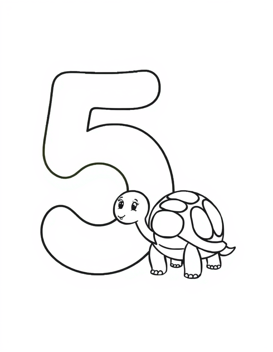 Number 5 With a Turtle black and white line art